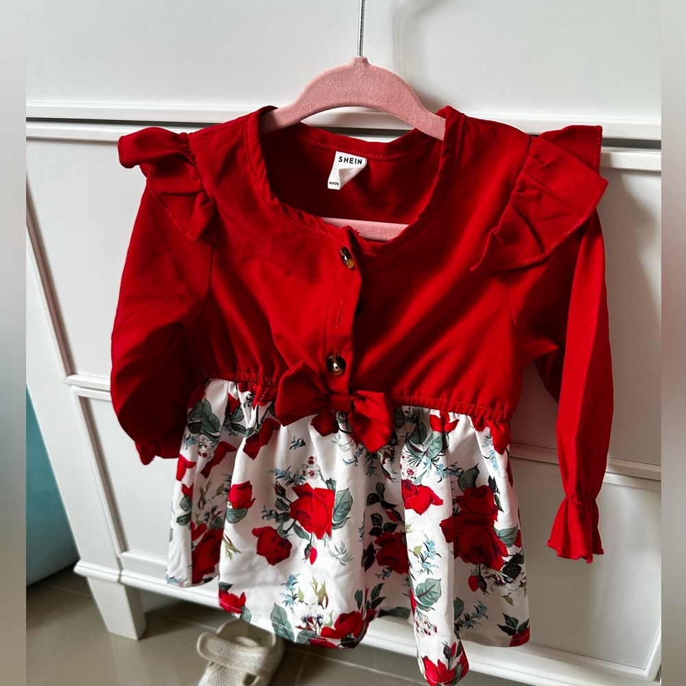 SHEIN, red roses long sleeve dress. 6-9 months